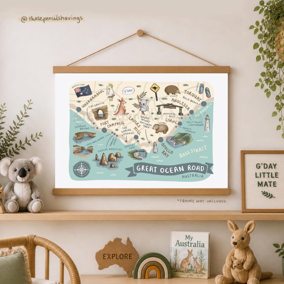 Great Ocean Road, Australia Map Print: Illustrated Travel Poster, Aussie Road Trip Landmarks , Poster Print Only