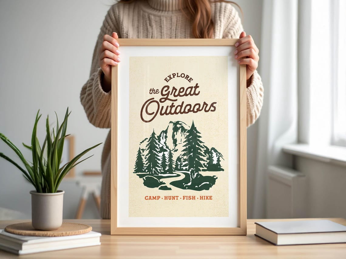 Image showcasing Great Outdoors Print Retro Camping Art Poster Outdoorsy Gift For Friend ...