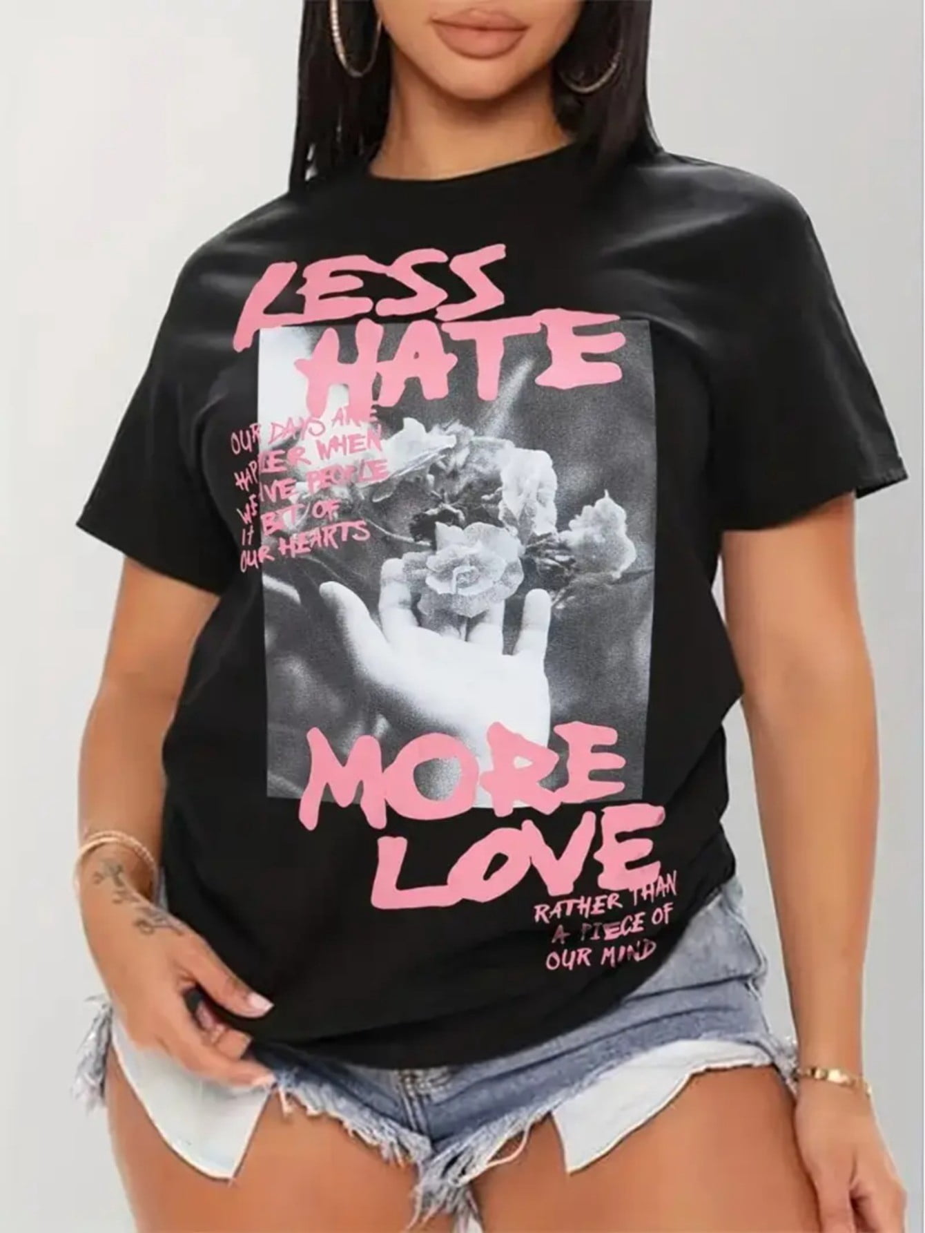 Great Payeah 'Love More, Hate Less' Women's Black T-Shirt - Casual with ...