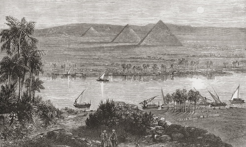 The Great Pyramids Of Giza Egypt From The East Bank Of The Nile In The 19Th Century From The Land Of The Pharaohs Egypt And Sinai Published C1880 Canvas Art - Ken Welsh Design Pics (20 x 12)