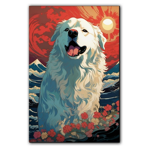 Great Pyrenees Canvas Wall Art Framed Great Wave Oil Painting Stretched and Framed Artsy Romantic Wall Paintings Girlfriend gift for Living Room Bedroom Bathroom Office Wall Décor