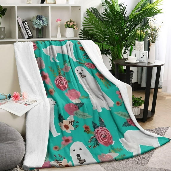 Great Pyrenees Dog and Flower Blanket,Comfortable Soft Flannel Throw Blanket,All Season,Warm Lightweight Blankets for Sofa Bed Couch Living Room Chair,60"x80"(150x200cm)