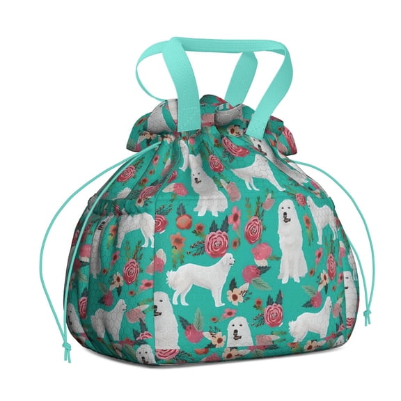 Great Pyrenees Dog and Flower Drawstring Lunch Bag Women - Drawstring Lunch Bag Insulated for Work Office - Stain-Resistant Large Lunchbags for Women with Multi-Pockets