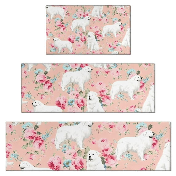 Great Pyrenees Dog and Pioneer Flower Kitchen Rugs Sets Of 3,Kitchen Runner Rugs Non Skid Washable,Decorative Kitchen Floor Mats for Kitchen,Sink,Laundry,17"x30"+ 17"x47" + 17"x59"