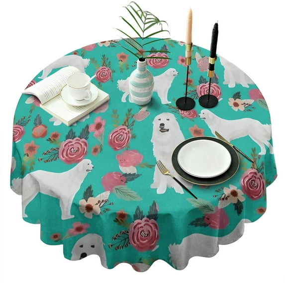 Great Pyrenees Dog and Pioneer Flower Round Tablecloth 60"x60",Wrinkle Wipeable Table Cloth for Kitchen Dining Room Picnic Patio Party