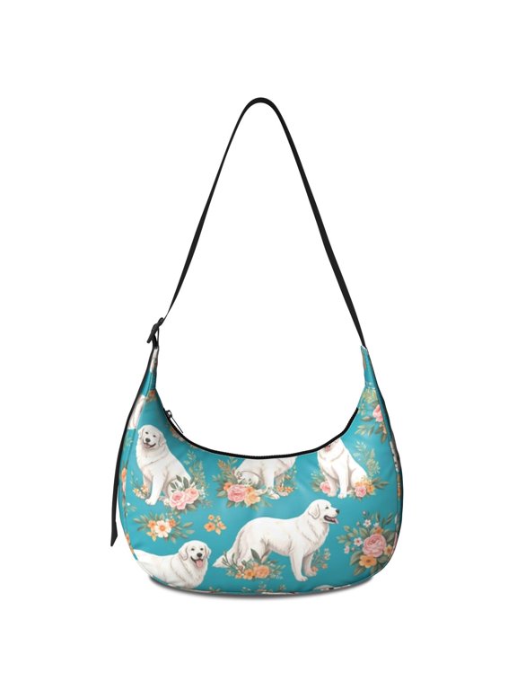 Great Pyrenees and Floral Blue Pattern Hobo Shoulder Bag, Shopping Crescent Purse with Adjustable Strap, Water Resistant Gift Ideas for Walking Travel Shopping