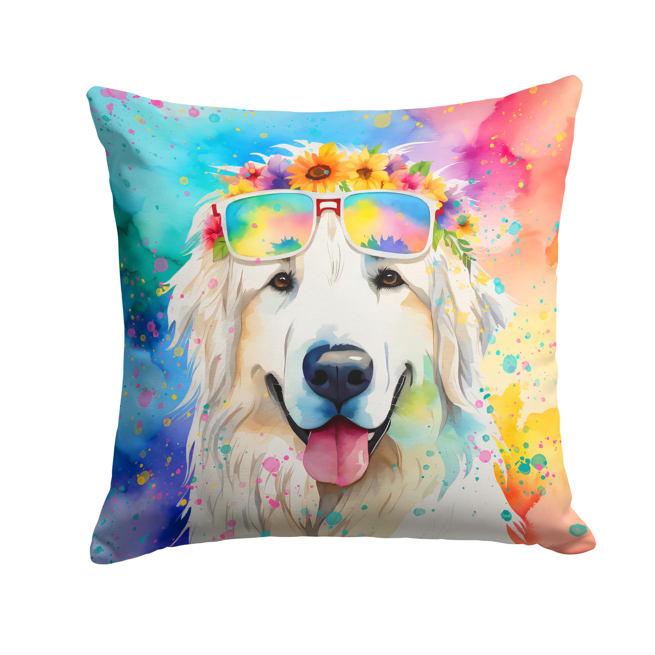 Great Pyrenees Hippie Dawg Fabric Decorative Pillow 14 in x 14 in