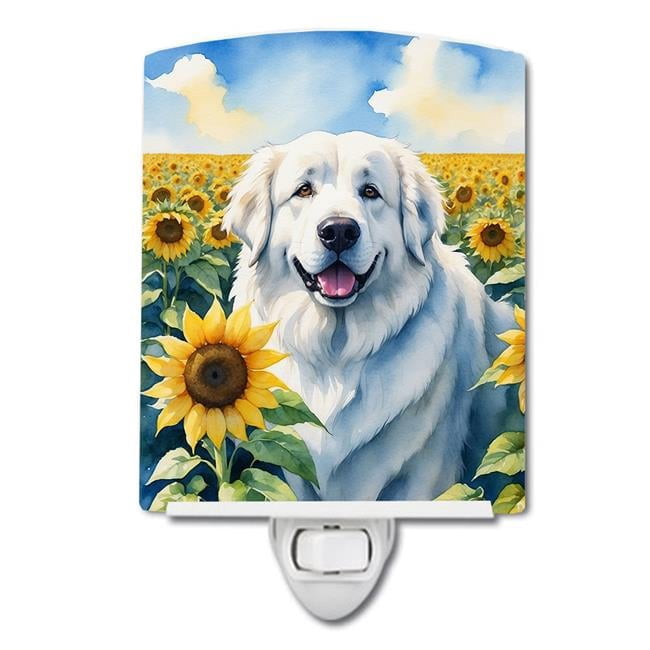 Great Pyrenees in Sunflowers Ceramic Night Light 4 in x 6 in