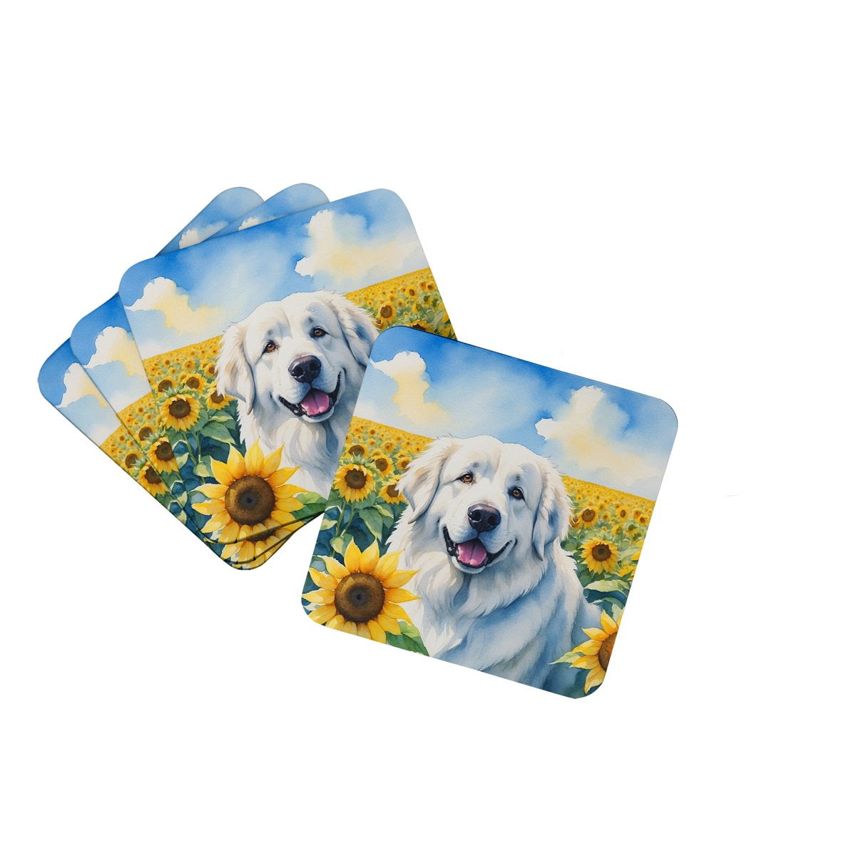 Great Pyrenees in Sunflowers Foam Coasters 3.5 in x 3.5 in