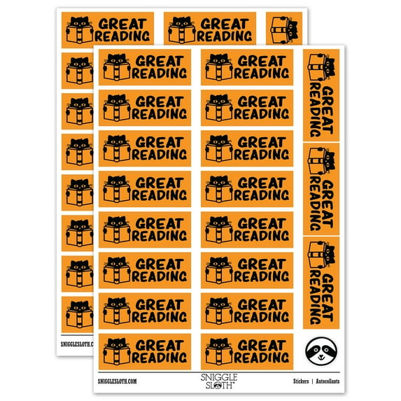 Great Reading Cat with Book Teacher Student School Sticker Set - Orange - Gloss Finish - 2.00" Large