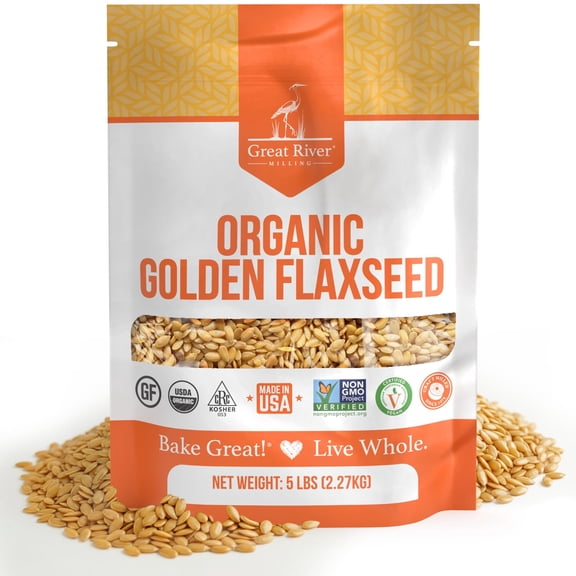 Great River Milling Golden Flaxseed Whole Golden Flax Seeds Naturally Gluten Free, Non-GMO, Vegan, Kosher Flaxseed for Baking, Smoothies, Oatmeal, Cereals & Clean Plant-Based Nutrition 5 Lb