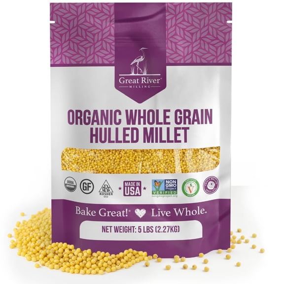 Great River Milling Organic Hulled Millet Whole Grain Ancient Grain Gluten-Free, High-Fiber Superfood Non-GMO, Kosher Certified Ideal for Salads, Porridge & Baking 5 Lb