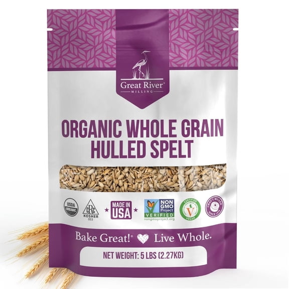 Great River Milling Organic Hulled Spelt Berries Ancient Whole Spelt Grain High Fiber & Protein Non-GMO & Kosher Ideal for Baking, Salads, Pilaf & More 5 Lb
