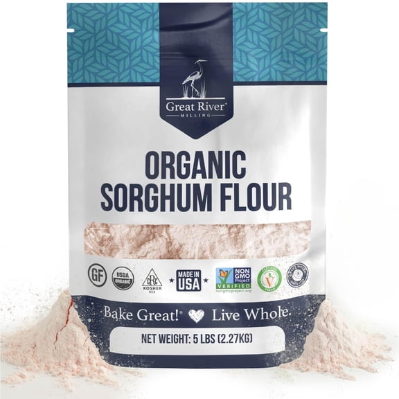 Great River Milling Organic Sorghum Flour Gluten Free Whole Grain Flour USDA Organic, Non-GMO, Kosher, Vegan Certified Mild, Versatile Baking Ingredient for Breads, Cookies & Batters 5 Lb