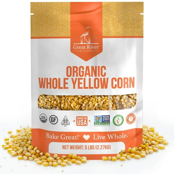 Great River Milling Organic Whole Corn Whole Grain Yellow Corn for Milling, Cooking & Baking USDA Organic, Gluten Free, Non-GMO, Kosher Ideal for Cornmeal, Grits & Hominy 5 Lb