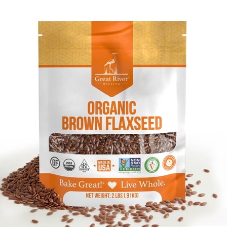 Great River Milling Organic Whole Grain Brown Flaxseed  High-Fiber, Omega-3 Rich Superfood  Gluten Free, Non-GMO, Kosher, USDA Organic  Ideal for Baking, Smoothies & Home Milling  2 Lb