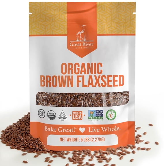 Great River Milling Organic Whole Grain Brown Flaxseed High-Fiber, Omega-3 Rich Superfood Gluten Free, Non-GMO, Kosher, USDA Organic Ideal for Baking, Smoothies & Home Milling 5 Lb