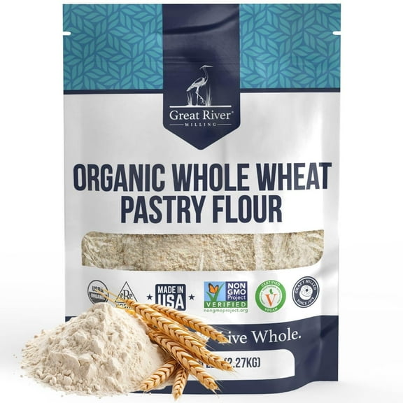 Great River Milling Organic Whole Wheat Pastry Flour Soft Texture, Lower Gluten USDA Organic, Non-GMO, Kosher Ideal for Muffins, Cookies, Cakes & More 5 Lb