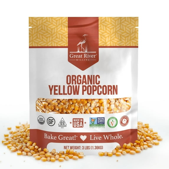 Great River Milling Organic Yellow Popcorn Kernels USDA Organic, Healthy Non-GMO Popping Corn Naturally Gluten Free, Light, Fluffy, Crunchy Popcorn for Stovetop, Air Popper, Whirley Pop 3 Lb