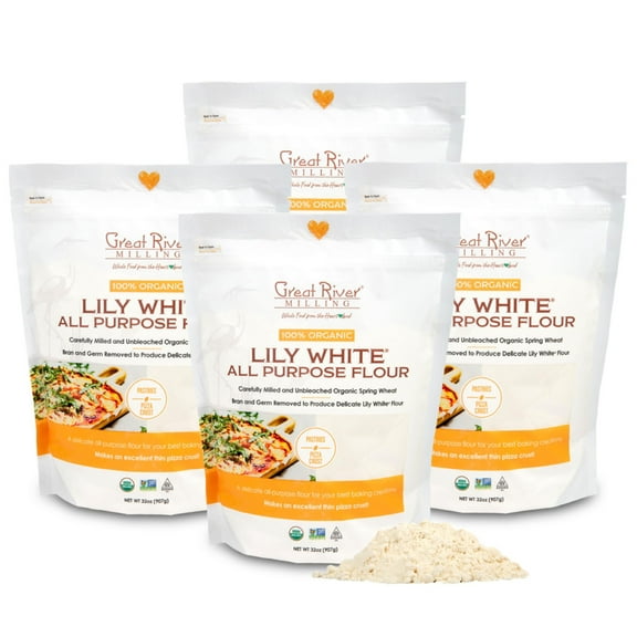 Great River Organic Milling Lily White Organic All-Purpose Flour Unbleached & Unbromated Non-GMO, Kosher Ideal for Bread, Cookies, Cakes, Pizza Dough & Everyday Baking 2 Lb Pack of 4