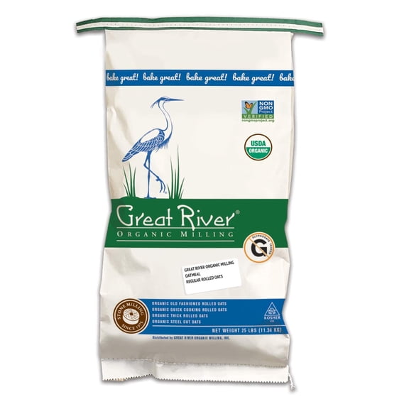 Great River Organic Milling Organic Old Fashioned Rolled Oats Whole Grain, USDA Organic, Non-GMO, Kosher Hearty Texture for Oatmeal, Granola, Cookies, Baking & Meal Prep 25 Lb. Pack of 1