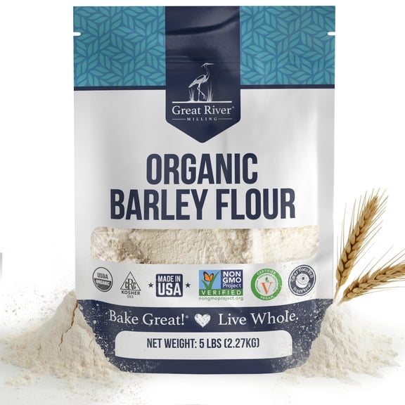 Great River Organic Milling Organic Barley Flour Unbleached, Unbromated, Non-GMO, Kosher High Fiber, Nutty Flavor Perfect for Breads, Pancakes, & More 5 Lb