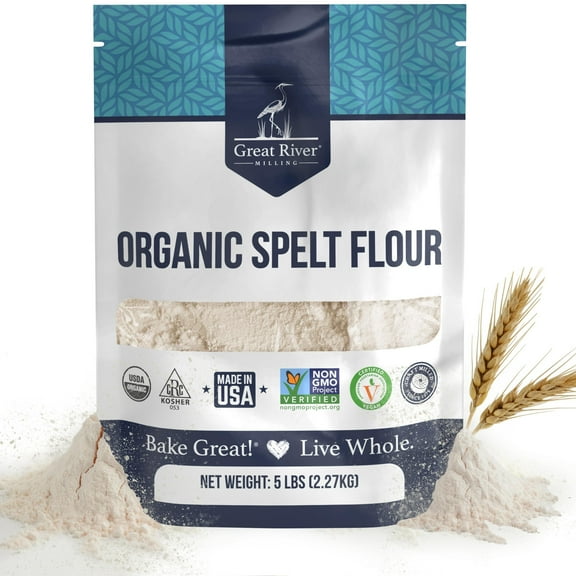 Great River Organic Milling Organic Spelt Flour Whole Grain Ancient Wheat Flour USDA Organic, Non-GMO, Kosher High Fiber, Mild Flavor Ideal for Baking Breads, Muffins, Cookies & More 5 Lb
