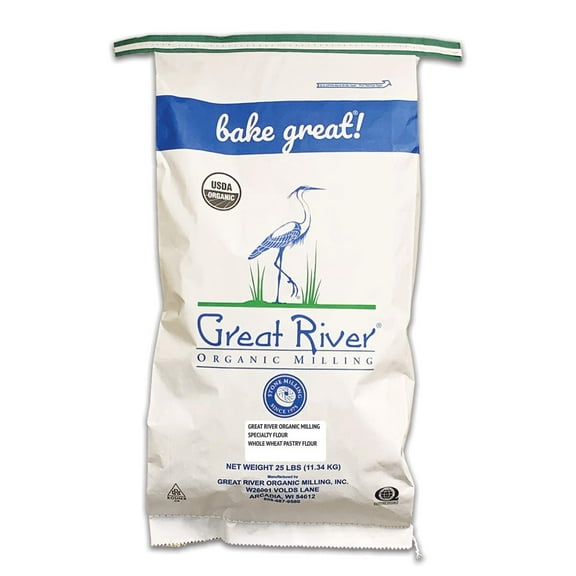 Great River Organic Milling Organic Whole Wheat Pastry Flour Soft Texture, Lower Gluten USDA Organic, Non-GMO, Kosher Ideal for Muffins, Cookies, Cakes & More 25 Lb Pack of 1