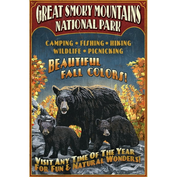 Great Smoky Mountain National Park, Tennessee, Black Bears Vintage Sign (12x18 Wall Art Poster, Room Decor)