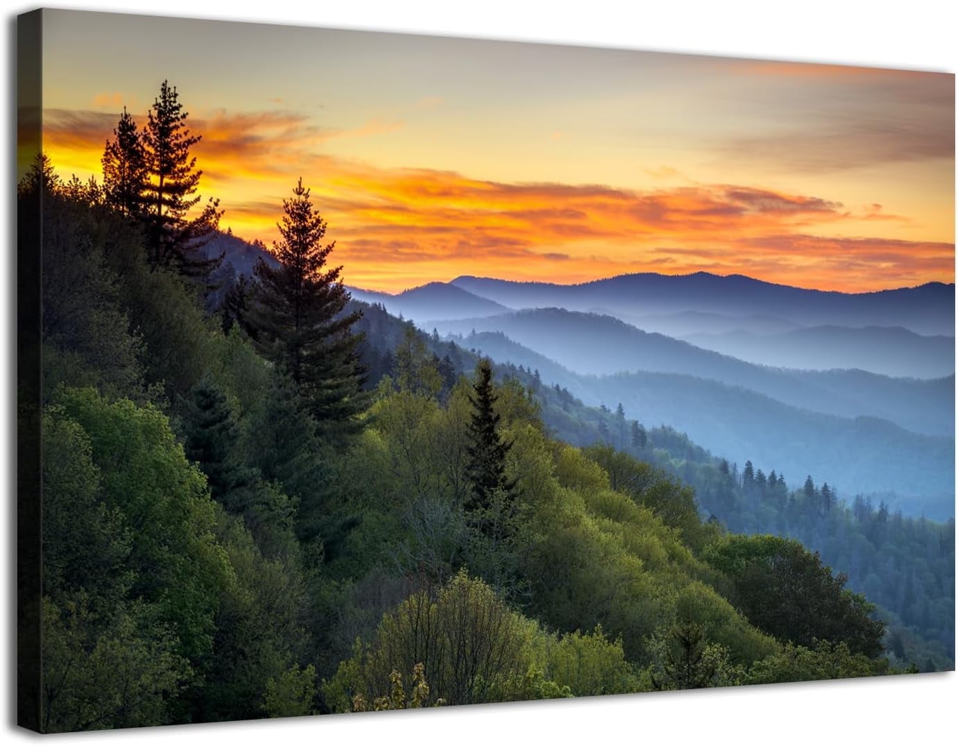Great Smoky Mountain Wall Art for Living Room Nature Decor Forest Sunrise Photography Canvas Prints Vintage Green Landscape Picture National Park Poster Framed Artwork Bedroom Home Decorations 12x16