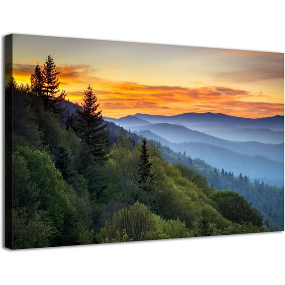 Great Smoky Mountain Wall Art for Living Room Nature Decor Forest Sunrise Photography Canvas Prints Vintage Green Landscape Picture National Park Poster Framed Artwork Bedroom Home Decorations 12x16