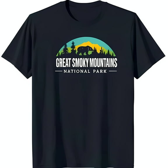 Great Smoky Mountains Black T-Shirt with Bear & Colorful Mountain Graphic