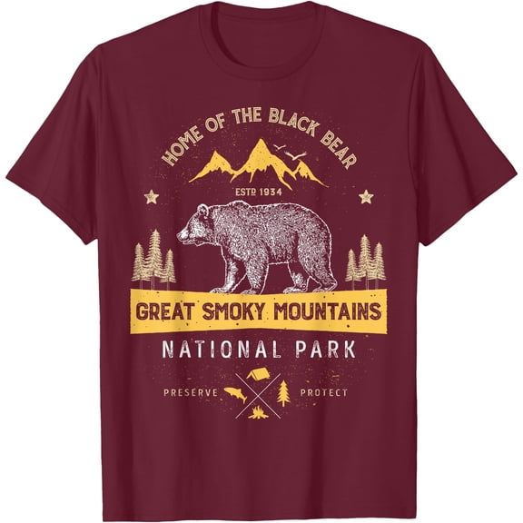 Great Smoky Mountains National Park Bear Vintage Unisex T-Shirt for Men Women Kids Toddler,Maroon Color,Size XL