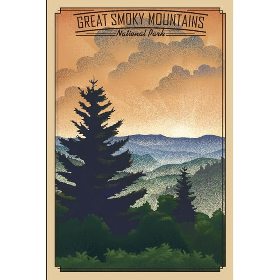 Great Smoky Mountains National Park, Lithograph National Park Series (36x54 Giclee Gallery Art Print, Vivid Textured Wall Decor)