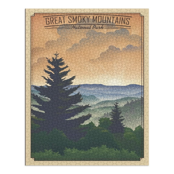 Great Smoky Mountains National Park, Lithograph National Park Series (1000 Piece Puzzle, Size 19x27, Challenging Jigsaw Puzzle for Adults and Family, Made in USA)