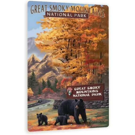 Great Smoky Mountains National Park Sign  Autumn Black Bear Family Scene  Rustic Fall Wall Decor For Cabin, Lodge, Or Nature Lovers 8x12