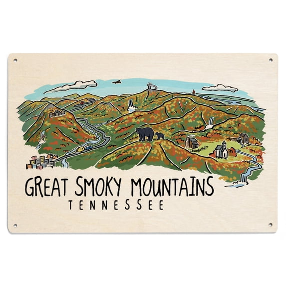 Rustic Tennessee. Sign Great Smoky Mountains, Tennessee, Line Drawing Birch Wood Wall Sign ...