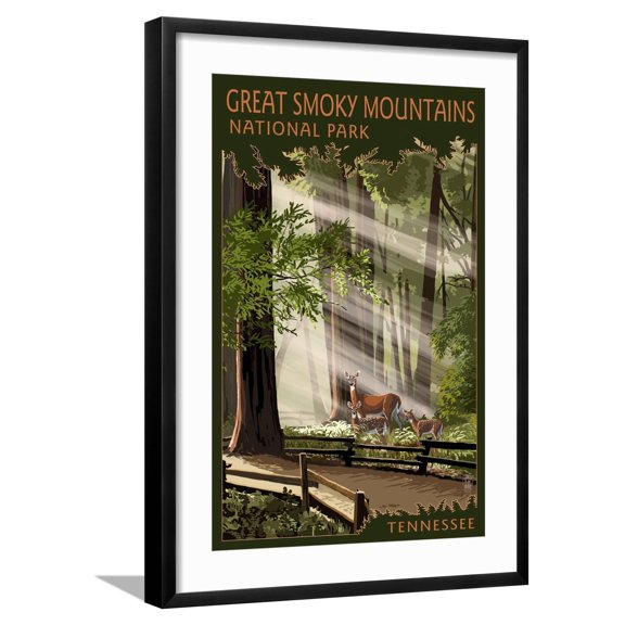 Art.com Great Smoky Mountains, Tennessee - Pathway in Trees Art Print by Lantern Press, Black Frame Wall Art, 21" x 29"