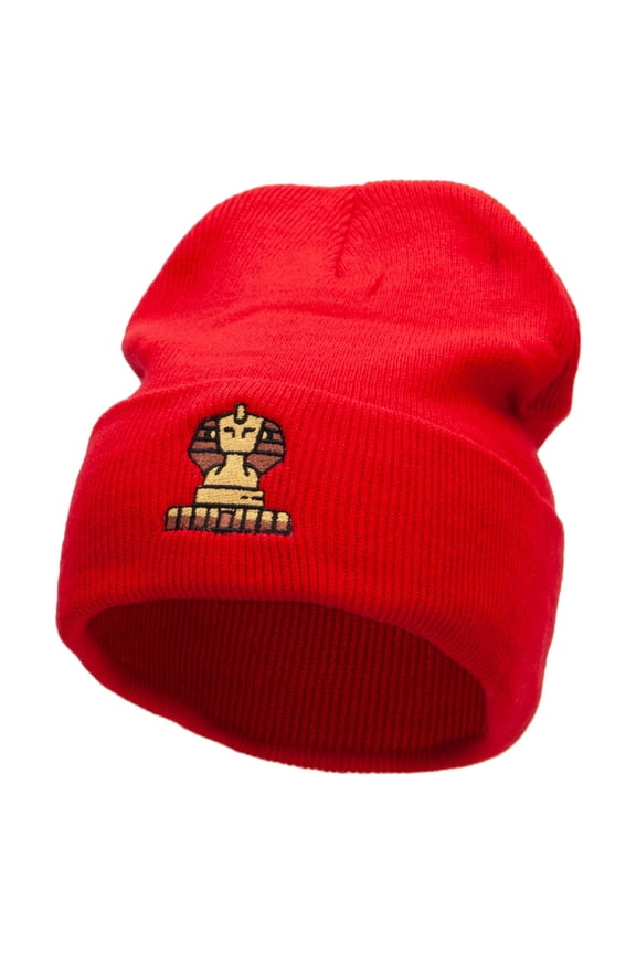 Great Sphinx Embroidered 12 Inch Long Knitted Beanie - Red OSFM