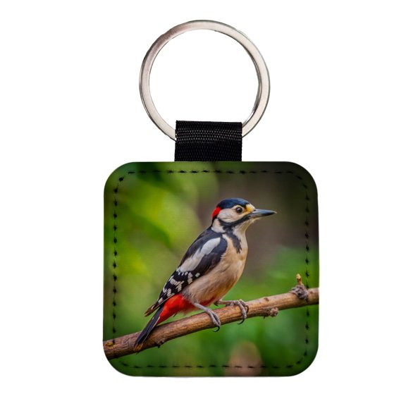 Great Spotted Woodpecker Backyard Bird Faux Leather Square Keychain