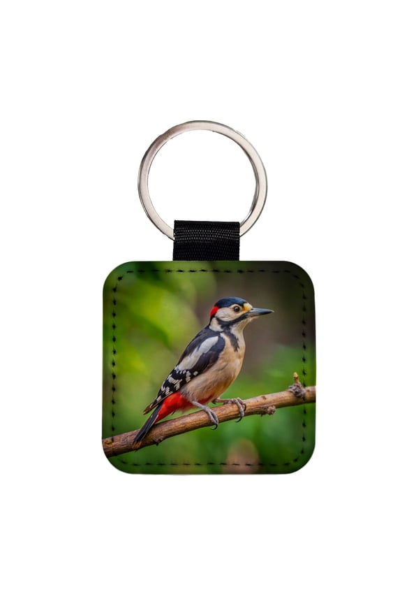 Great Spotted Woodpecker Backyard Bird Faux Leather Square Keychain