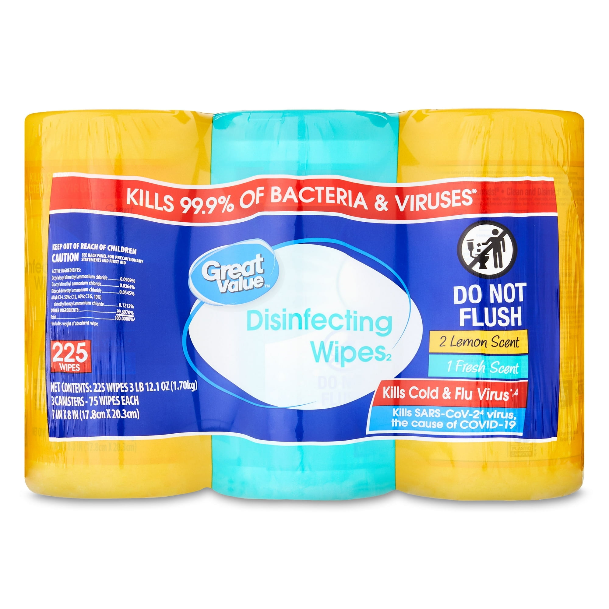 Great Valu Disinfecting Wipes, Lemon and Fresh Scent, 225 Count, 3 Pack