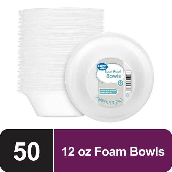 Great Valu Everyday Disposable Foam Bowls, 12 oz, 50 Ct