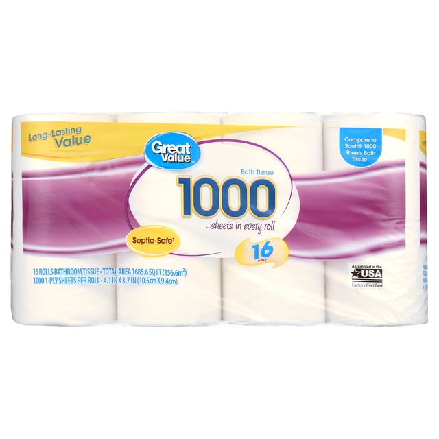 Great Value 1,000 Sheets per Roll Toilet Paper, 16 Rolls