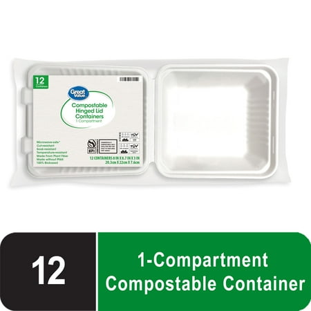 Great Value 1 Compartment Hinged Container, Compostable Bagasse, White, 12ct