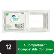 Great Value Compostable Bagasse 1-Compartment Hinged Container, White, 12 Count