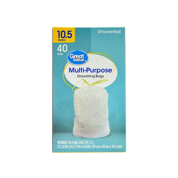 Great Value 10.5 Gallon Drawstring Trash Bag, Unscented, 40 Bags