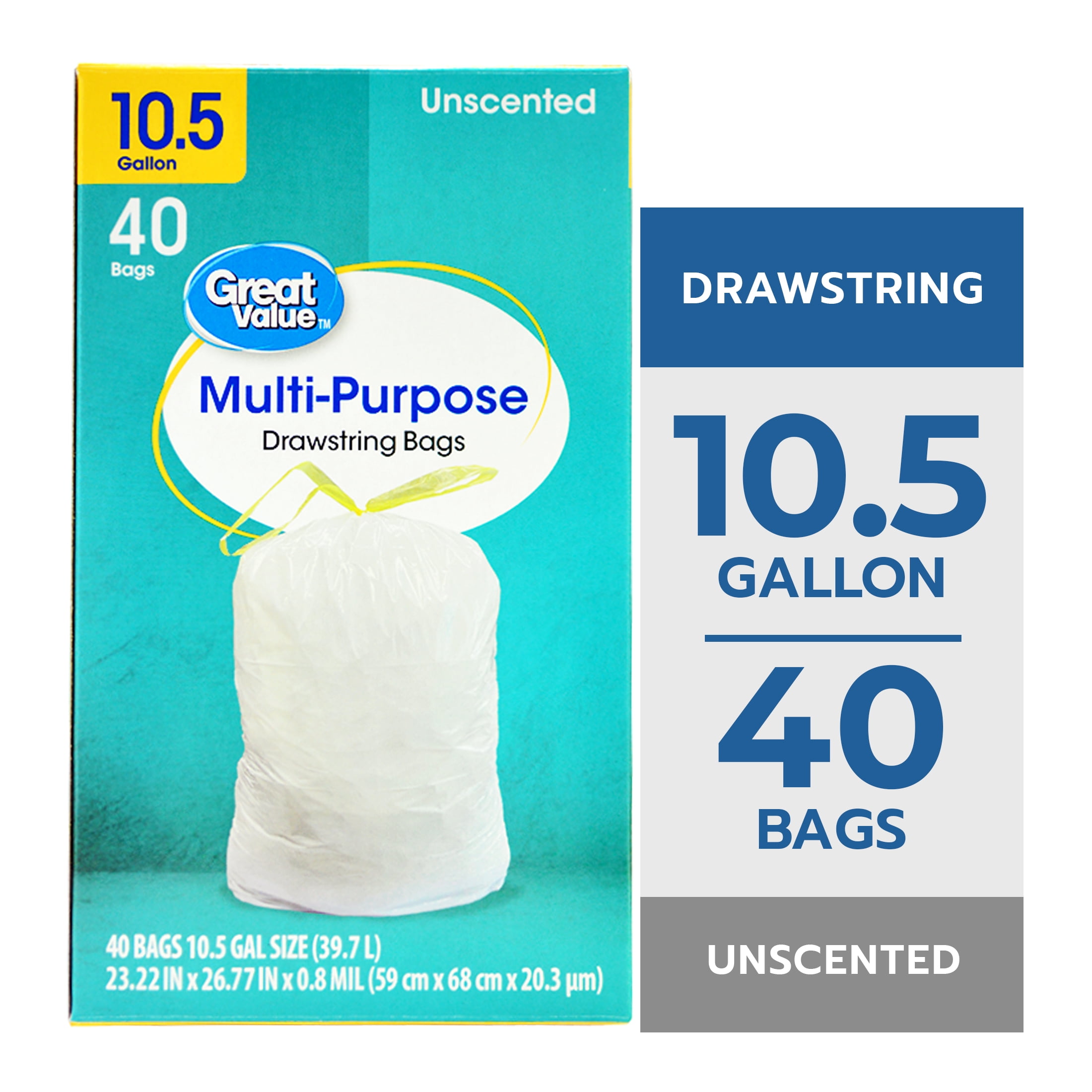Great Value 10.5 Gallon Drawstring Trash Bag, Unscented, 40 Bags