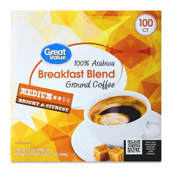 Great Value 100% Arabica Breakfast Blend Medium Roast Ground Coffee Pods, 33.1 oz, 100 Count