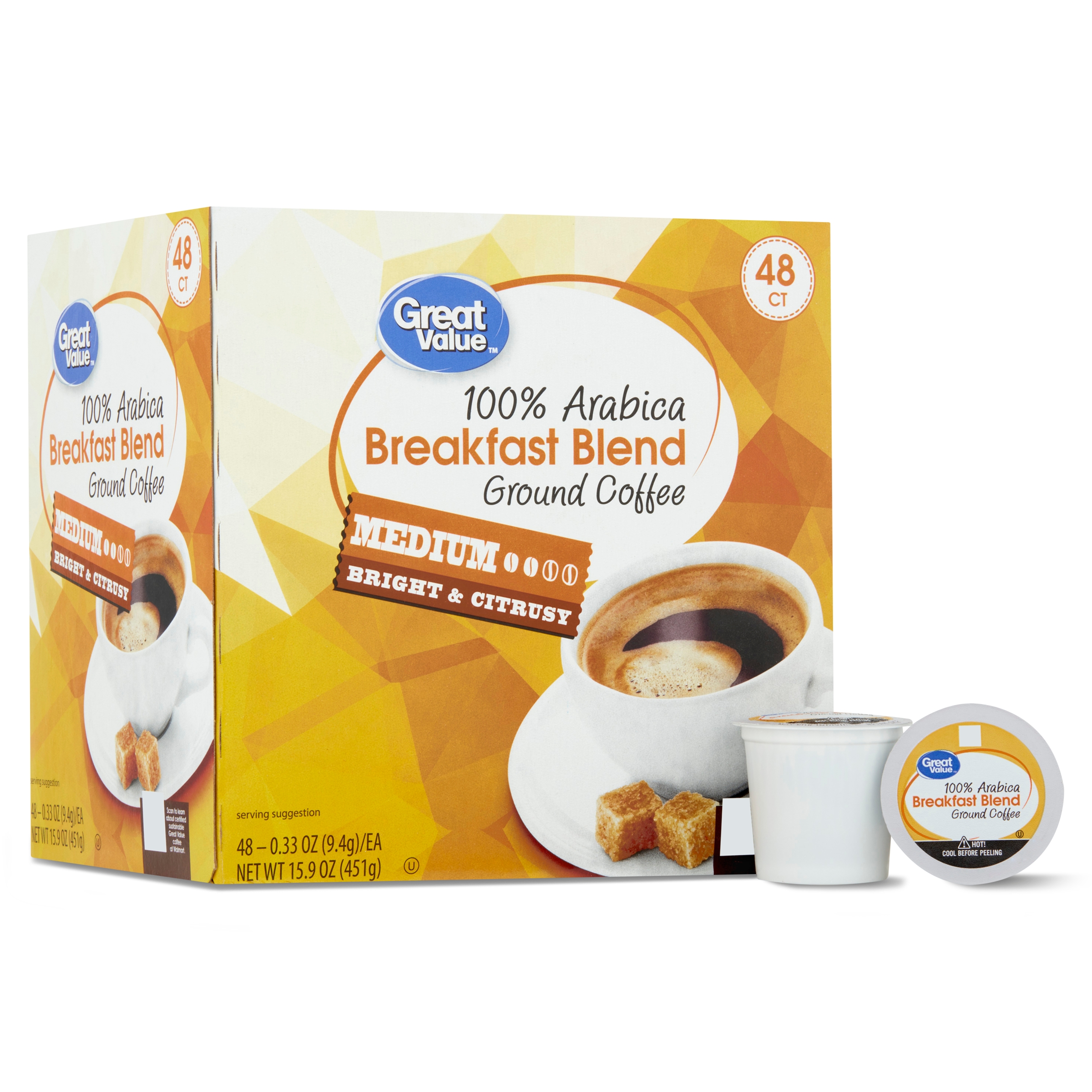 Great Value 100% Arabica Breakfast Blend Medium Roast Ground Coffee Pods, 48 Ct - image 1 of 9